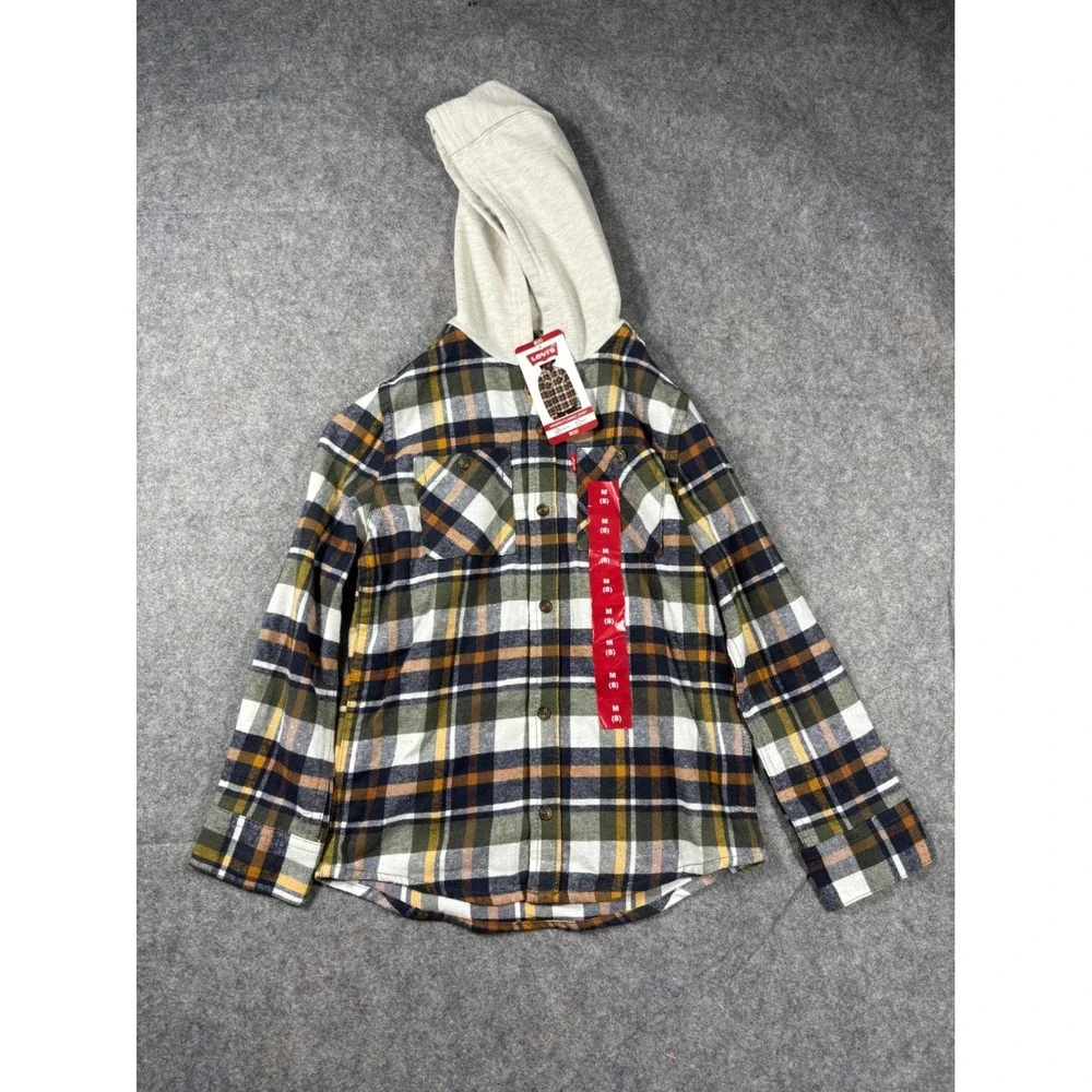 Levi's Boys Hooded Flannel Shirt Oatmeal Heather‎ Plaid Size M 8